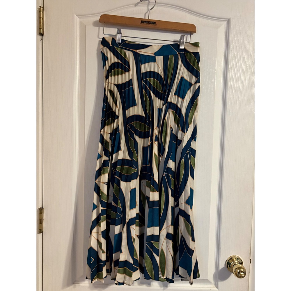 Mango Selection Pleated Skirt Womens Medium Teal Green Excellent Geometric Leaf